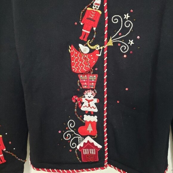 Berek Christmas Cardigan Womens Size Medium Black Vintage Nutcracker Beaded - Picture 3 of 14